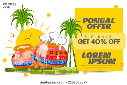 40% Off Pongal celebration sale banner with pots and sugarcane, vector illustration