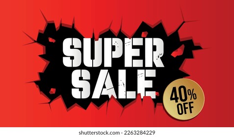 40% off. Red banner with forty percent discount on a black balloon for mega big sales.