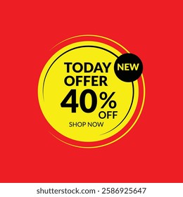 40% OFF Sale Discount, Today offer, Shop Now. Yellow vector banner illustration isolated on red background.