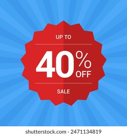 Up to 40% off sale promotion. Forty percent sale tag symbol. Promotion flat vector badge graphic. Red Sticker emblem. Modern design on blue background.