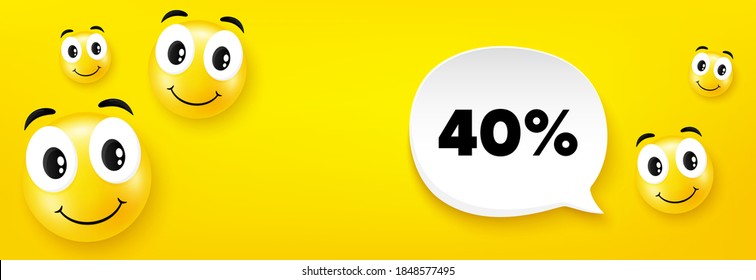 40% off Sale. Smile face with speech bubble. Discount offer price sign. Special offer symbol. Smile character. Discount speech bubble icon. Yellow face background. Vector