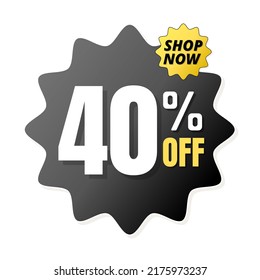 40% off shop now, Black and yellow 3D super discount sticker, sale. vector illustratio