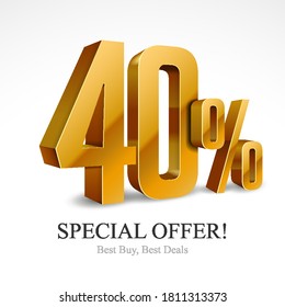 40% Off Special Offer Gold 3D Digits Banner, Design Template Icon Forty Percent. Sale, Discount. Glossy Vector Numbers. Illustration Isolated On White Background.