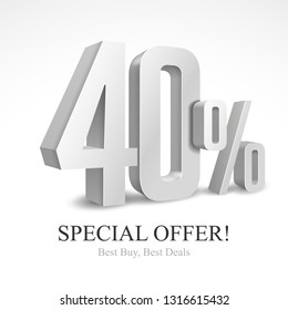 40% Off Special Offer Silver 3D Digits Banner, Template Forty Percent. Sale, Discount. Grayscale, Metal, Gray, Glossy Numbers. Illustration Isolated On White Background. Ready For Your Design. Vector