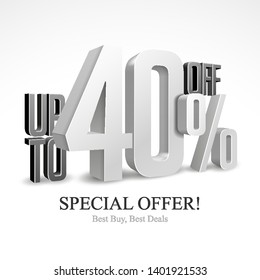 Up To 40% Off Special Offer Silver 3D Digits Banner, Template Forty Percent. Sale, Discount. Grayscale, Metal, Gray, Glossy Numbers. Illustration Isolated On White Background. Ready For Your Design. svg