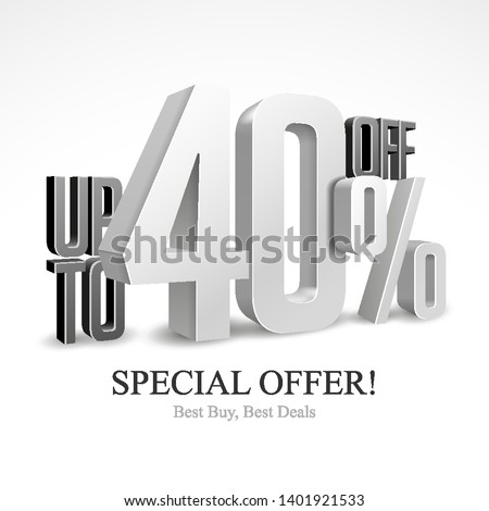 Up To 40% Off Special Offer Silver 3D Digits Banner, Template Forty Percent. Sale, Discount. Grayscale, Metal, Gray, Glossy Numbers. Illustration Isolated On White Background. Ready For Your Design.