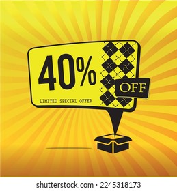 40% off. Yellow banner with ten percent discount on a black balloon for mega big sales.