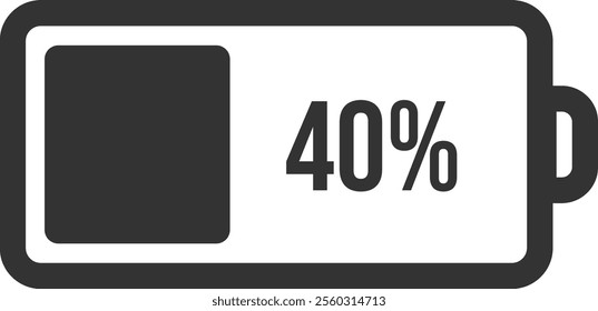 40 percent battery charge indicator showing the remaining power level on a white background, suitable for illustrating energy, power, charging, or battery life concepts