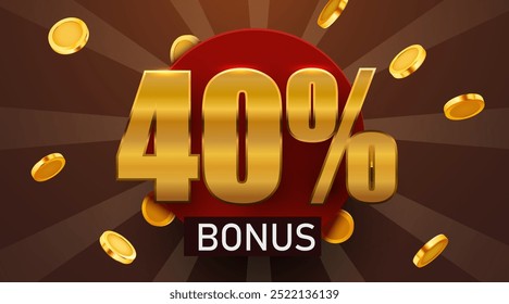 40 percent bonus with falling golden coins. Cashback or prize concept. Vector illustration