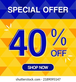 40% percent discoint special offer tag oranje and blue background shop now