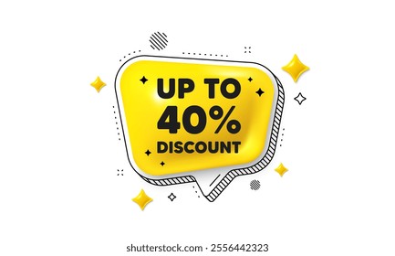 Up to 40 percent discount. Chat speech bubble 3d icon. Sale offer price sign. Special offer symbol. Save 40 percentages. Discount tag chat message. Speech bubble banner with stripes. Vector