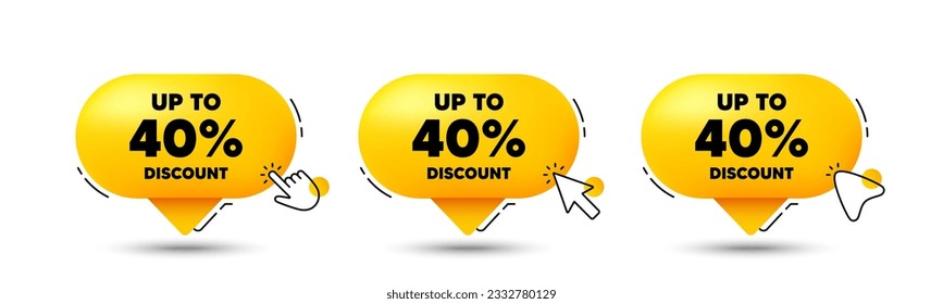 Up to 40 percent discount. Click here buttons. Sale offer price sign. Special offer symbol. Save 40 percentages. Discount tag speech bubble chat message. Talk box infographics. Vector