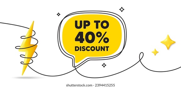 Hasta un 40% de descuento. Banner continuo de arte en línea. Señal de precio de oferta de venta. Símbolo de oferta especial. Ahorra 40 por ciento. Recortar el fondo de la burbuja de la expresión de la etiqueta. Icono de energía 3d envuelto. Vector