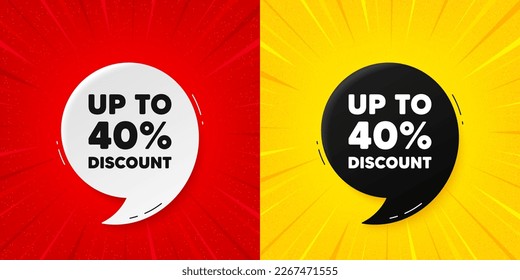 Up to 40 percent discount. Flash offer banner with quote. Sale offer price sign. Special offer symbol. Save 40 percentages. Starburst beam banner. Discount tag speech bubble. Vector