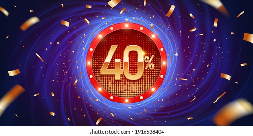 40 Percent discount golden 3D sign. 3D Golden number with percent sign on a red round retro banner with confetti, against blue abstract background. 