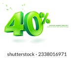 40 percent discount. Green lettering template on 40% numbers in three dimensional style. Use for promotional ads in special sale isolated on white background. illustration vector file.