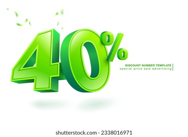 40 percent discount. Green lettering template on 40% numbers in three dimensional style. Use for promotional ads in special sale isolated on white background. illustration vector file. svg