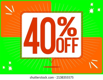 -40 percent discount. 40% discount. Up to 40%. Green and orange banner with floating balloon for promotions and offers. Up to. Vector. Discount and offer board.