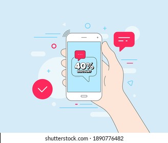 40 percent discount. Mobile phone with offer message. Sale offer price sign. Special offer symbol. Customer service banner. Discount badge shape. Phone app speech bubble. Mobile help. Vector