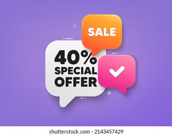 40 percent discount offer tag. 3d bubble chat banner. Discount offer coupon. Sale price promo sign. Special offer symbol. Discount adhesive tag. Promo banner. Vector