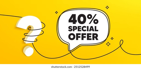40 percent discount offer tag. Continuous line chat banner. Sale price promo sign. Special offer symbol. Discount speech bubble message. Wrapped 3d question icon. Vector