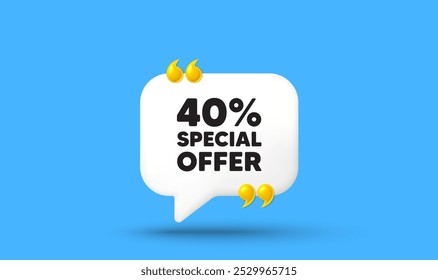 40 percent discount offer tag. Chat speech bubble 3d icon with quotation marks. Sale price promo sign. Special offer symbol. Discount chat message. Speech bubble banner. White text balloon. Vector