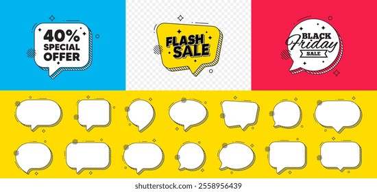 40 percent discount offer tag. Flash sale chat speech bubble. Sale price promo sign. Special offer symbol. Discount chat message. Black friday speech bubble banner. Offer text balloon. Vector