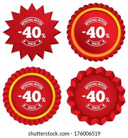 40 percent discount sign icon. Sale symbol. Special offer label. Red stars stickers. Certificate emblem labels. Vector