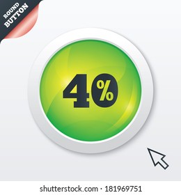 40 percent discount sign icon. Sale symbol. Special offer label. Green shiny button. Modern UI website button with mouse cursor pointer. Vector