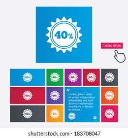 40 percent discount sign icon. Sale symbol. Special offer label. Metro style buttons. Modern interface website buttons with hand cursor pointer. Vector