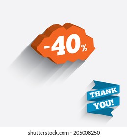 40 percent discount sign icon. Sale symbol. Special offer label. White icon on orange 3D piece of wall. Carved in stone with long flat shadow. Vector