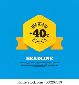 40 percent discount sign icon. Sale symbol. Special offer label. Yellow label tag. Circles seamless pattern on back. Vector