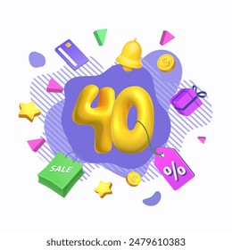 40 percent discount. Special offer Sale icon with decorative element. Stars, gift box, bank card.. Sale symbol Vector 3d cartoon illustration.