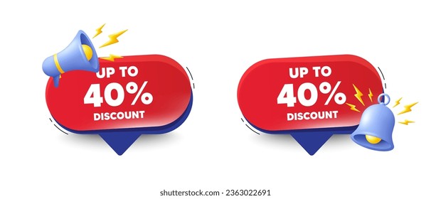 Up to 40 percent discount. Speech bubbles with 3d bell, megaphone. Sale offer price sign. Special offer symbol. Save 40 percentages. Discount tag chat speech message. Red offer talk box. Vector