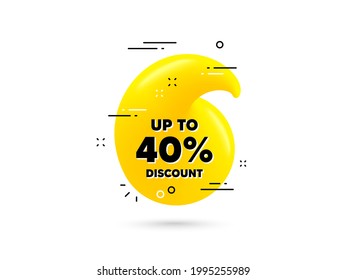 Up to 40 percent Discount. Yellow 3d quotation bubble. Sale offer price sign. Special offer symbol. Save 40 percentages. Discount tag minimal talk quote. 3d quotation mark with message. Vector