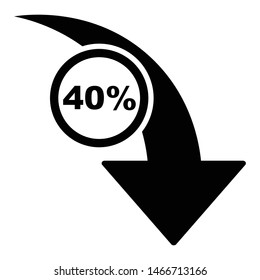 40% percent down icon, black arrow with rounded 40% percent symbol, vector illustration.