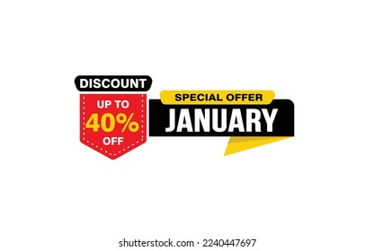 40 Percent JANUARY discount offer, clearance, promotion banner layout with sticker style. 