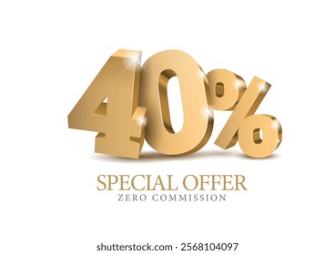 40 percent number. Ten number in gold 3d. Poster template for discount forty percent, sale discount, work progress. Vector illustration