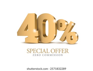 40 percent number. Ten number in gold 3d. Poster template for discount forty percent, sale discount, work progress. Vector illustration