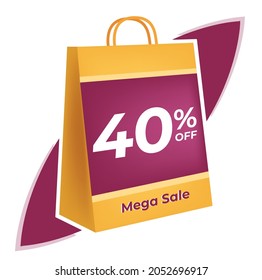 40 percent off. 3D Yellow shopping bag concept in white background.