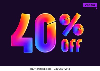 40% percent OFF cartoon vivid lettering. Realistic 3D Special Price design. Holiday Sale vector banner. Gradient emblem for Discount coupon, Buy Now promo, multicolored emblems, vibrant futuristic ad.