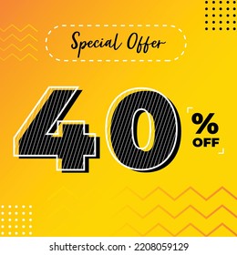 40% de descuento. Plantilla de diseño para marketing de ofertas especiales. 40% de descuento promocional. Diseño conceptual de pancarta amarilla y naranja
