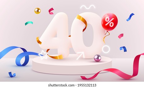 40 percent Off. Discount creative composition. 3d sale symbol with decorative objects, heart shaped balloons, golden confetti, podium and gift box. Sale banner and poster. Vector illustration. svg
