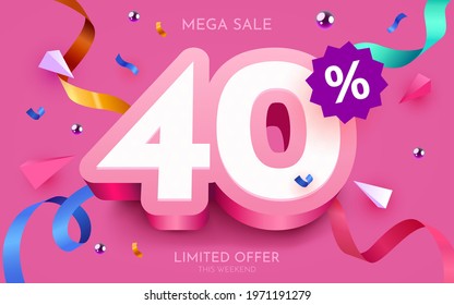 40 percent Off. Discount creative composition. 3d mega sale 40% symbol with decorative objects. Sale banner and poster. Vector illustration.