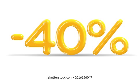 40 percent Off. Discount creative composition of golden or yellow balloons. 3d mega sale or forty percent bonus symbol on white background. Sale banner and poster. Vector illustration.