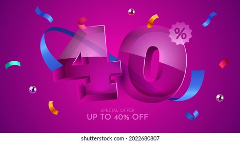 40 % Rabatt. Discount Creative Komposition. 3D Mega Verkauf 40% Symbol mit dekorativen Objekten. Verkaufen Sie Banner und Poster. Vektorgrafik.