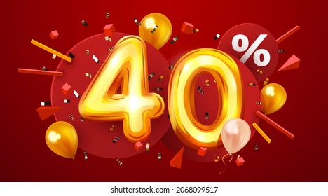40 % Rabatt. Discount Creative Komposition. 3D-Goldverkaufssymbol mit dekorativen Ballons und Konfetti. Verkaufen Sie Banner und Poster. Vektorgrafik.