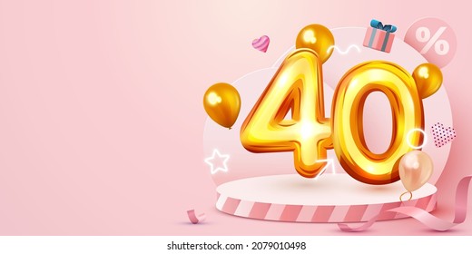 40 percent Off. Discount creative composition. Golden sale symbol with decorative objects, heart shaped balloons and gift box. Sale banner and poster. Vector illustration.