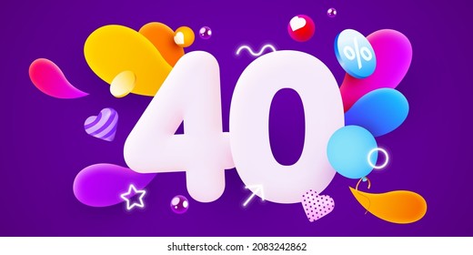 40% de descuento. Descubre la composición creativa. 3d símbolo de venta con objetos decorativos. Cartel y afiche de venta. Ilustración vectorial.