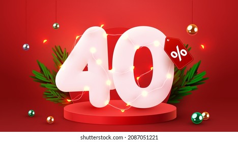 40% de descuento. Descubre la composición creativa. 3d símbolo de venta con objetos decorativos. Cartel y afiche de venta. Ilustración vectorial.
